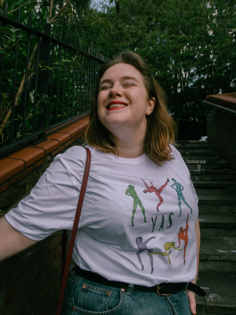 Brambling bethany wearing funny gay pride Yas Men t-shirt from rock on ruby