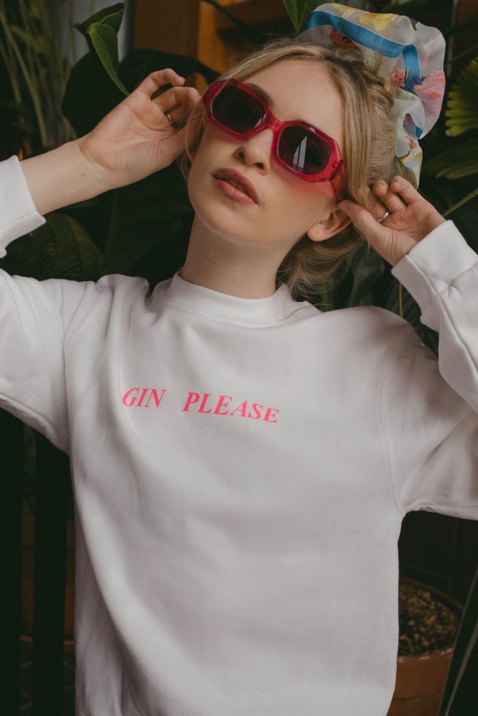 White and neon pink gin please slogan jumper from rock on ruby