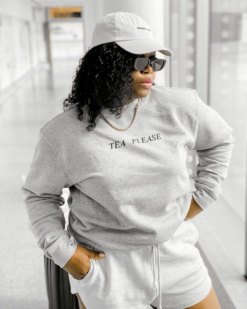 ireneray wearing organic grey tea please slogan sweatshirt from rock on ruby