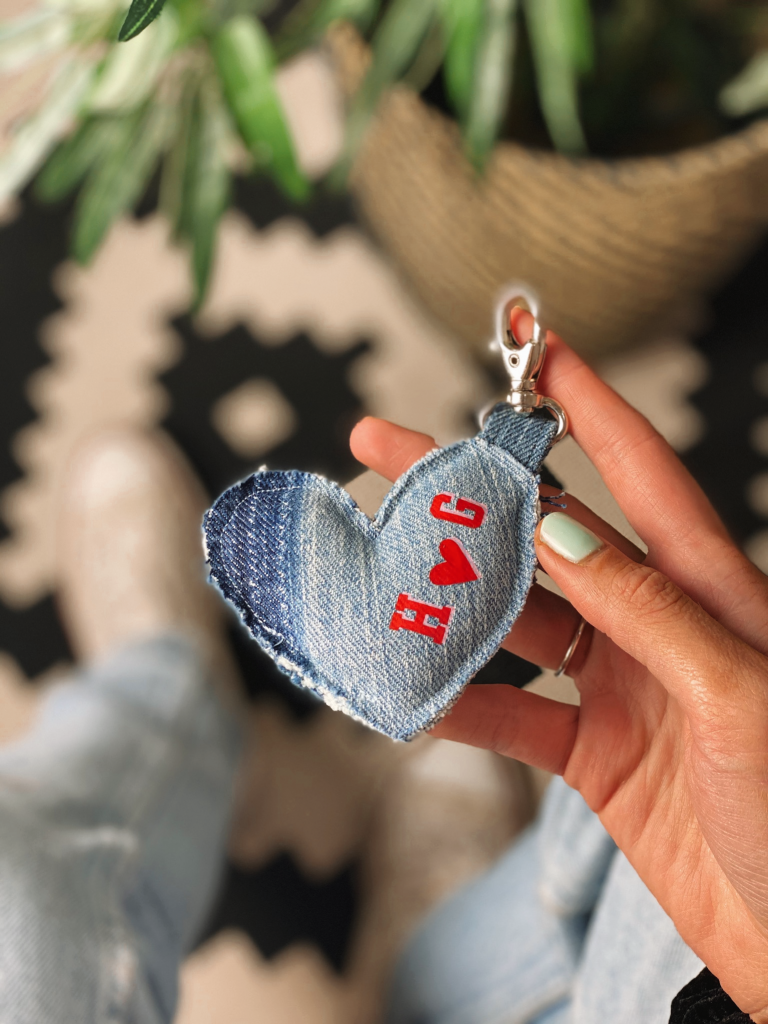 Personalised initials valentines keyring made from reclaimed denim from rock on ruby