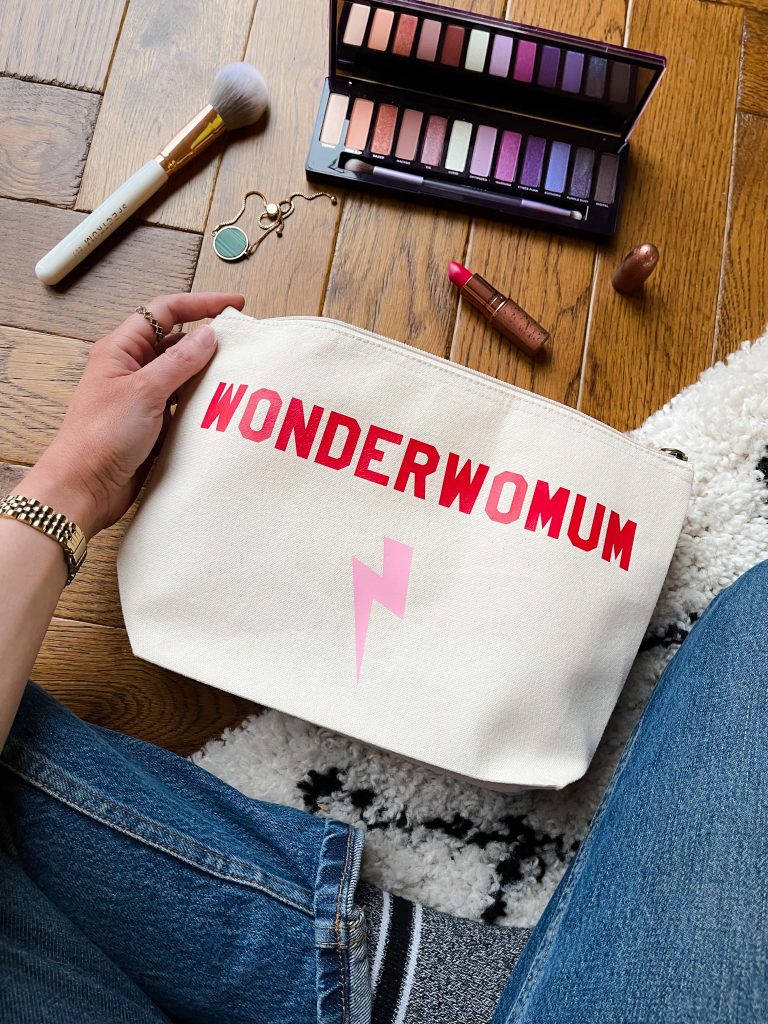 wonderwomum slogan mothers makeup bag from rock on ruby