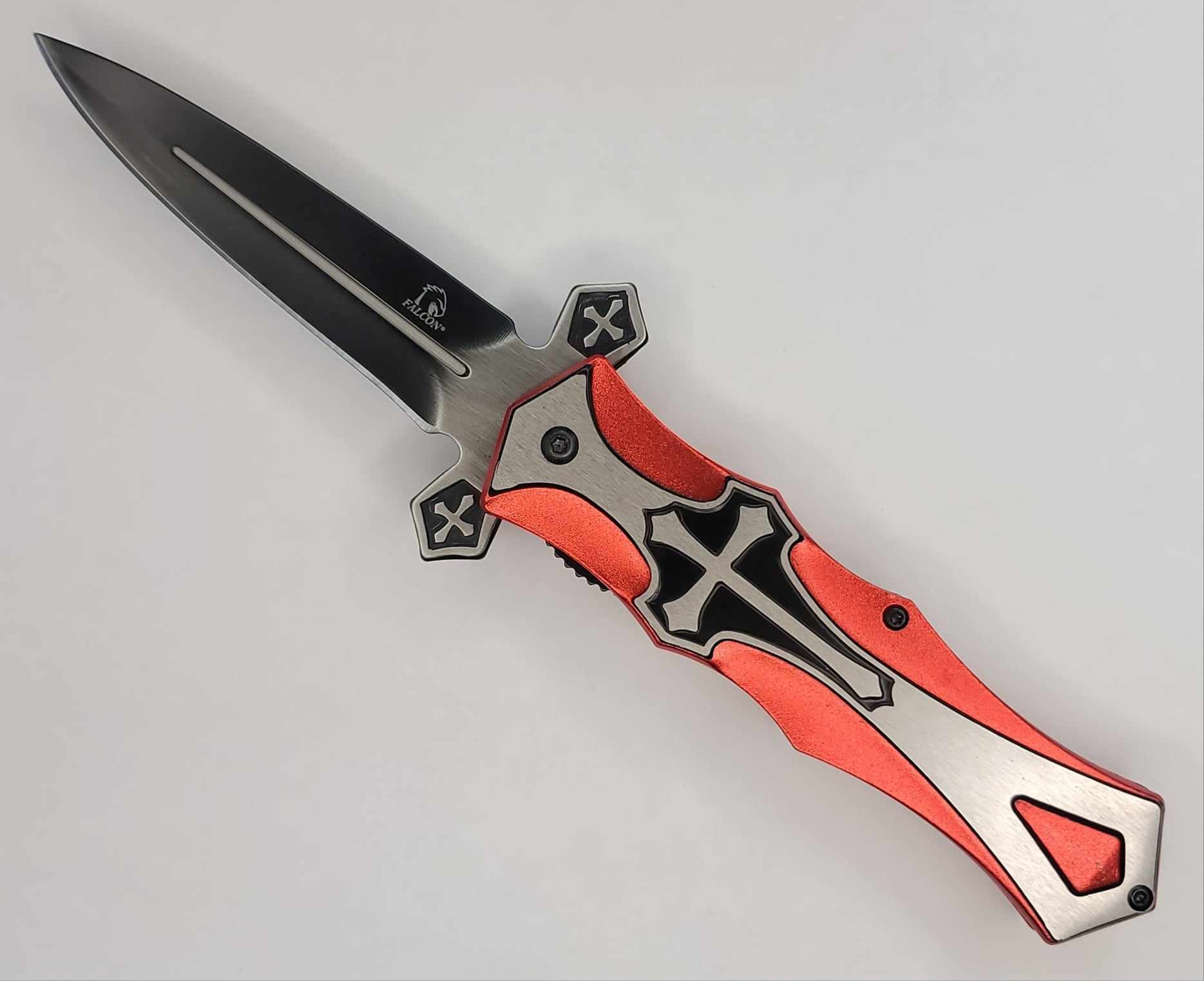 Vampire Slayer Cross Folding Red N Silver Knife 5"