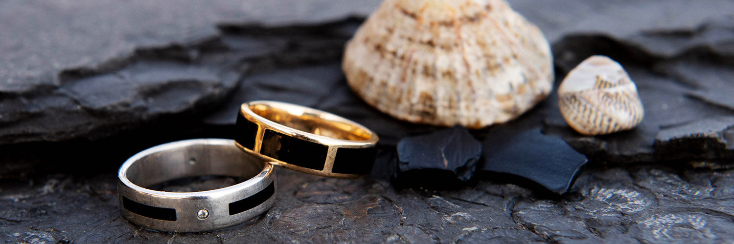 whitby jet inlaid wedding rings