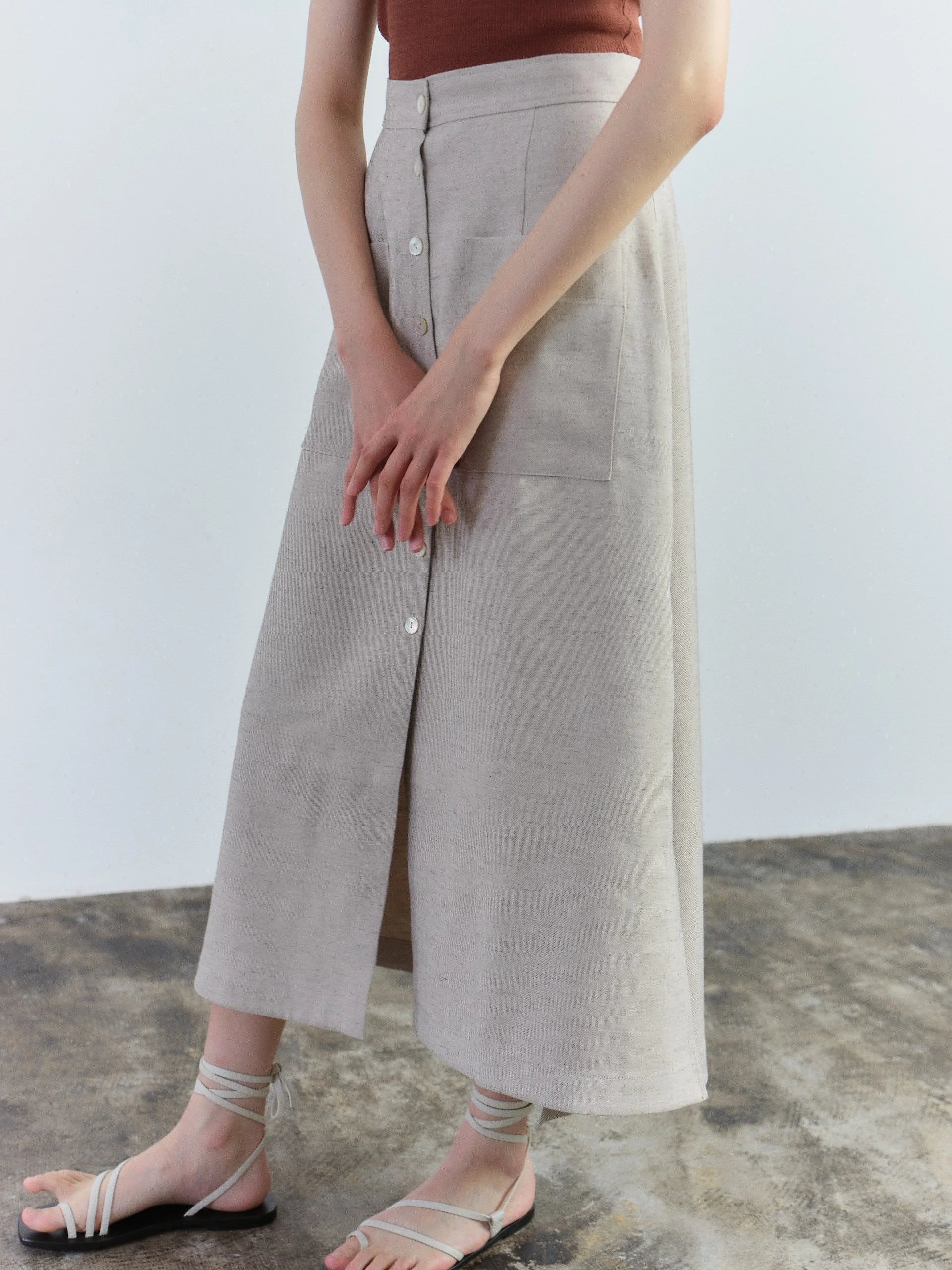 Oatmeal Button Front Maxi Skirt
