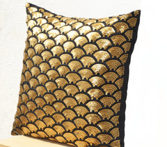 Decorative Throw Pillow in Black Silk Gold Sashiko Design Halloween Holiday Decor