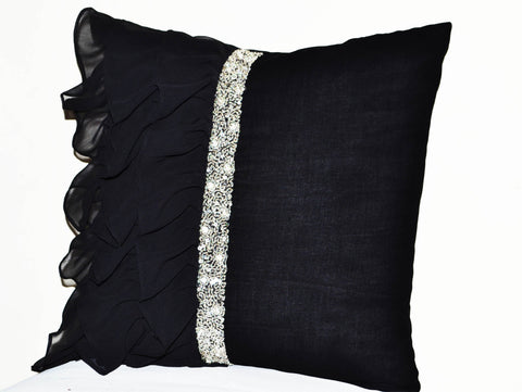 Handmade black throw pillow with crystal sequin