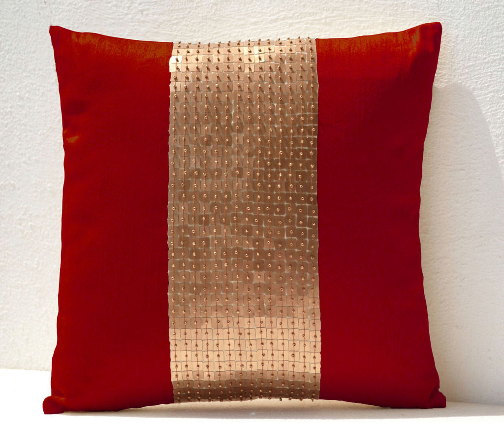 Buy handmade red throw pillow with silk 