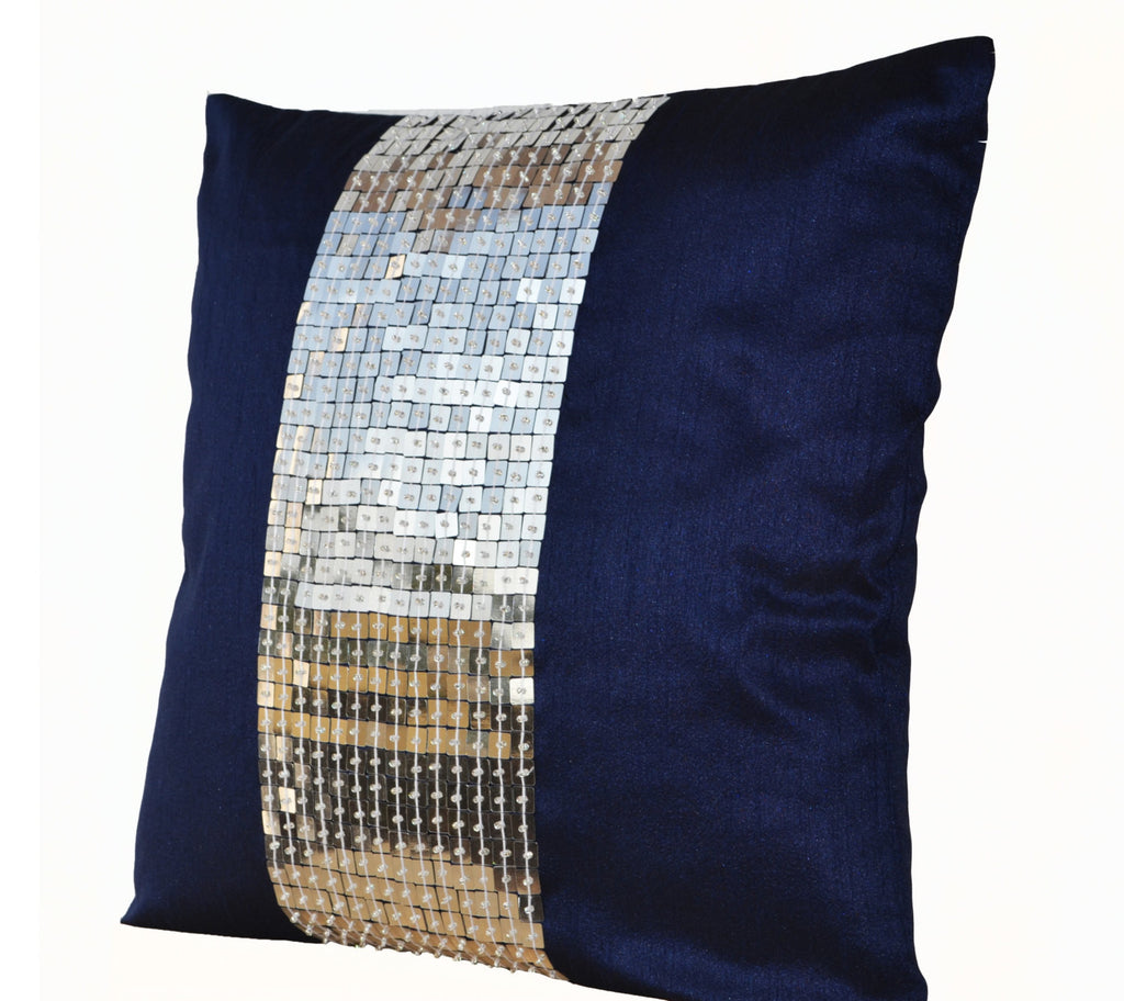 handmade navy blue silver throw pillow 