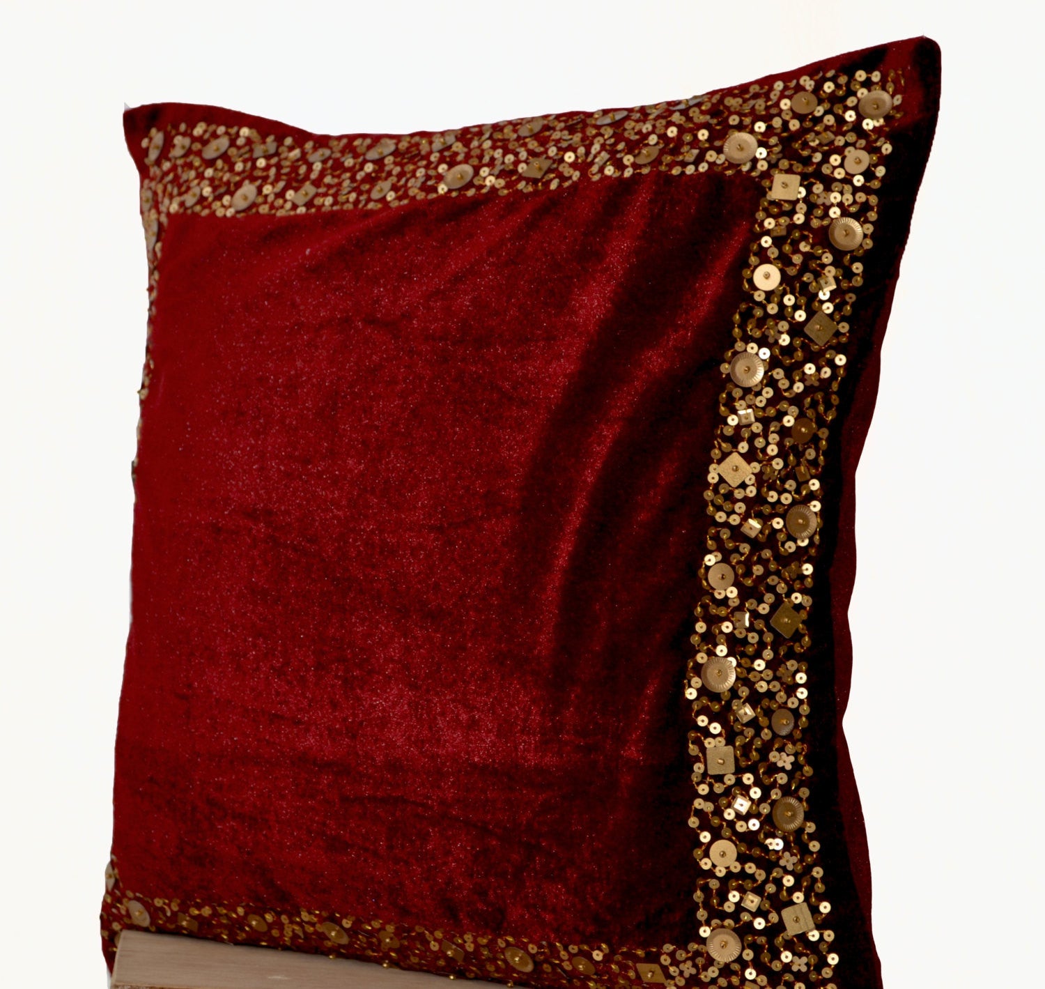 for handmade maroon velvet cushions with gold sequin border,beads – Amore Beauté