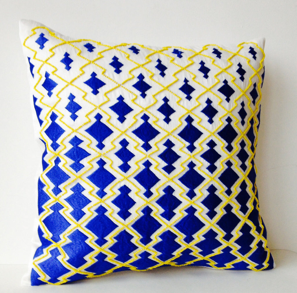 blue and yellow pillows