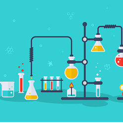 a cartoon illustration of a chemistry lab with beakers and test tubes