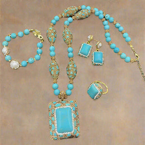 Natural Blue Turquoise Earrings – Gemstone Crystal Jewelry Set - HalleBeauty