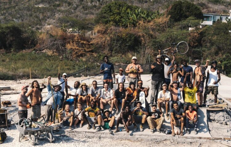 Group picture of the construction of the Freedom Skatepark in Jamaica (2020) Credit: Ayden Stoefen