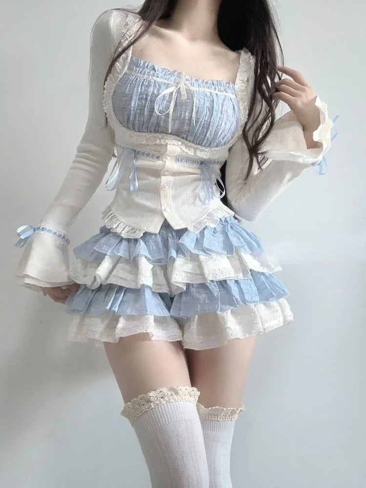 Yipinpay Summer Kawaii Lolita Suit Japanese Style Slim Lace Tops + Bodycon Y2k Mini Skirt Fashion Cake Skirt Girls Party 2 Piece Set