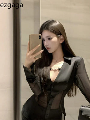 Yipinpay Sexy Shirts Women Black Satin Patchwork Mesh See Through V Neck Long Sleeve Slim Fashion Blouse Ladies Party Tops - yipinpay