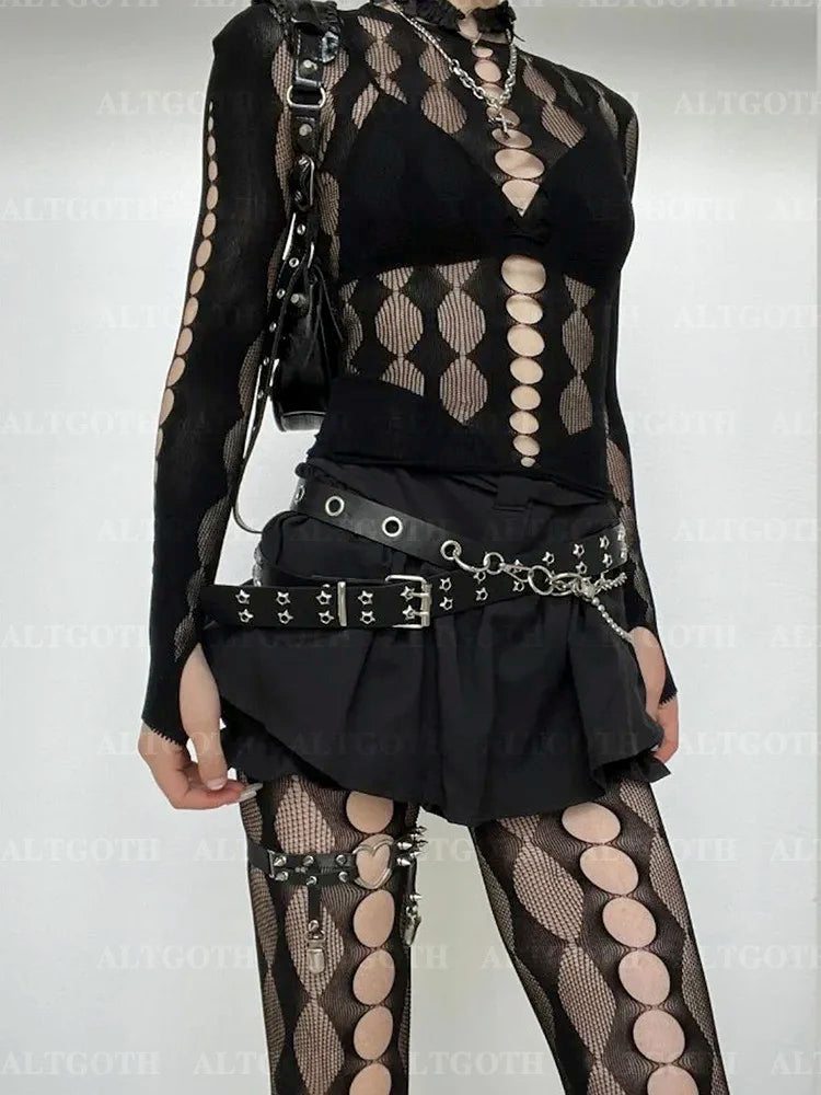 Yipinpay Sexy See Through Mesh 2 Pieces Suits Women Streetwear Cyberpunk Mall Gothic Long Sleeve T-shirt High Waist Pants Suits