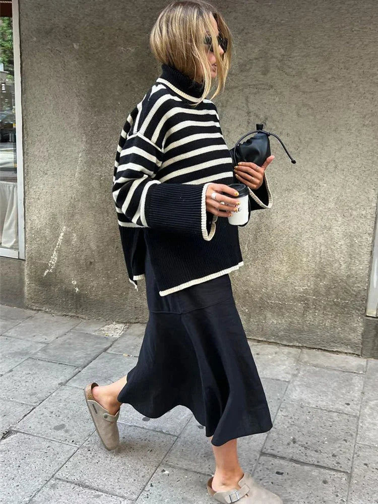 Yipinpay Winter Women¡¯s Long Sleeves Knit Sweater Turtleneck Striped Print Loose Pullover Tops 2024 New Autumn Oversized Sweater