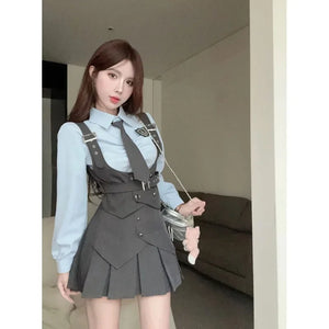 Yipinpay Cool Hot Girls College Style Suit Women's Autumn Slim Shirt High Waist Pleated Skirt Strap Vest Fashion Three-piece Set - yipinpay