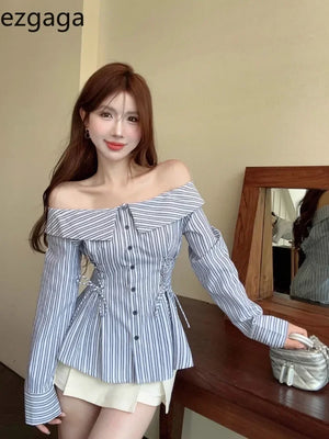 Yipinpay Sexy Shirts Women Striped Autumn New Slash Neck Off Shoulder Slim Long Sleeve Bandage Blouse Fashion Ladies Crop Tops - yipinpay