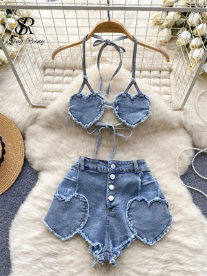 Yipinpay American Hotsweet Sets Halter Sleeveless Backless Love Tops+High Waist Button Basics Shorts Fashion Sexy Denim Suits - yipinpay