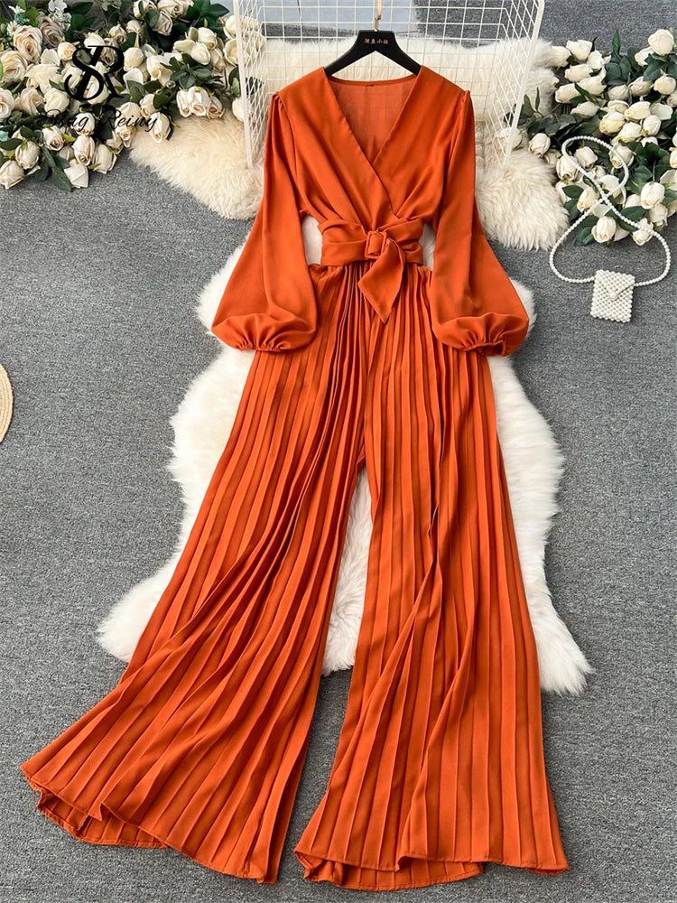 Yipinpay V Neck Jumpsuits for Women Long Puff Sleeve Belt Design Loose Wide Legs Pleated Pants Streetwear Fashion OL Bodysuits
