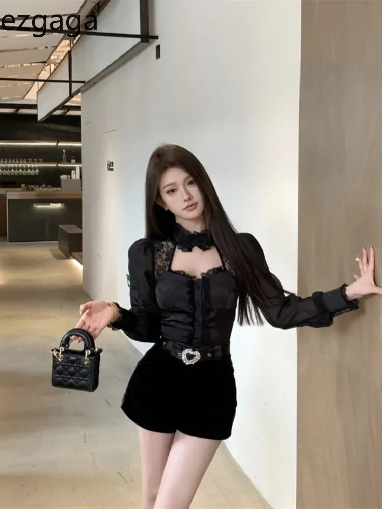 Yipinpay Shirts Women Lace Patchwork Hollow Out Long Sleeve Winter Fashion Slim Crop Tops Female Blouse French Style Chic