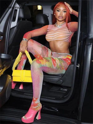 Yipinpay Simenual Hotsweet Mesh Transparent Women Two Piece Sets Sexy Corset Tops Hot Hipster Pants Slim Y2K Chic Printed Co ord Clubwear - yipinpay