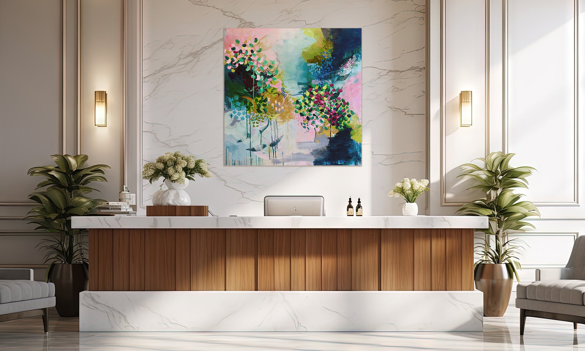 abstract contemporary painting in modern hotel reception