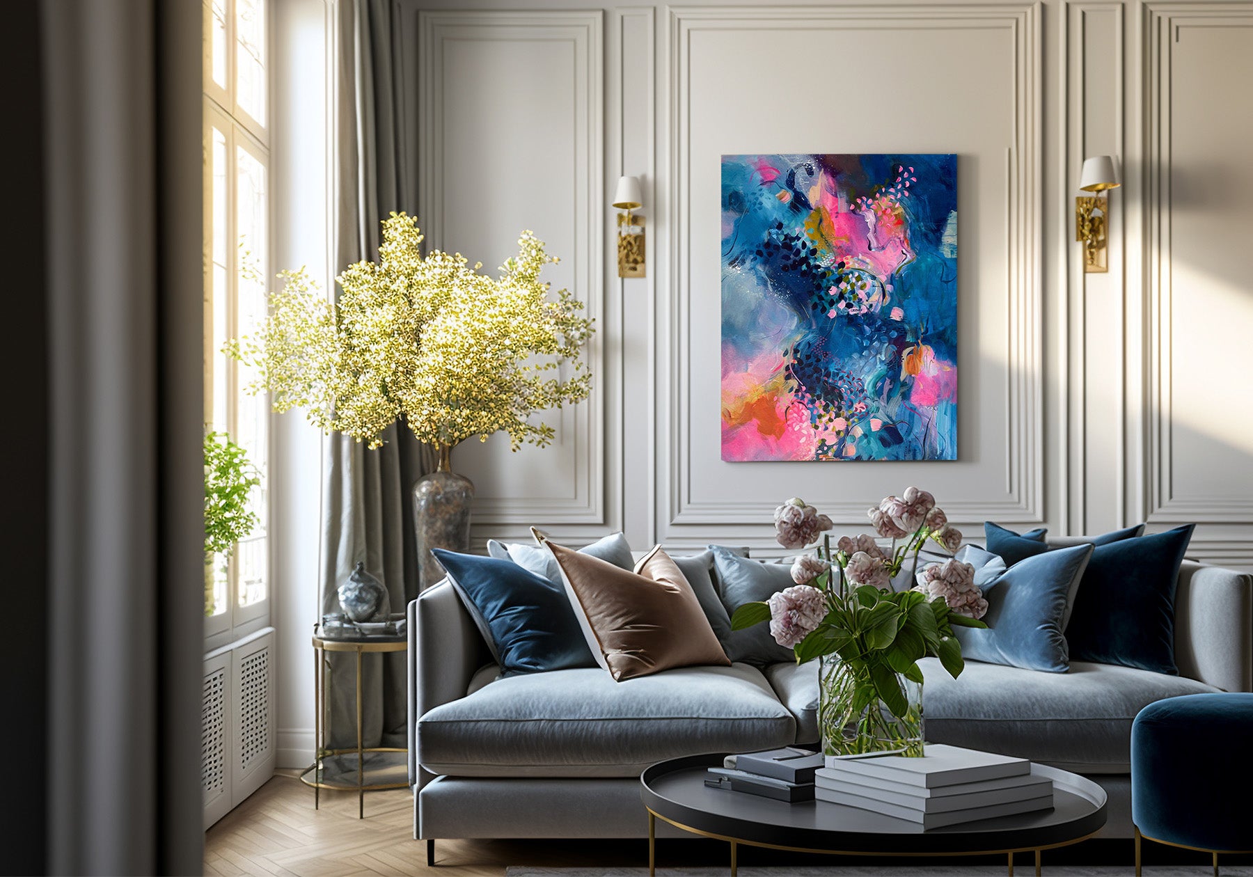 abstract blue painting in art deco interior