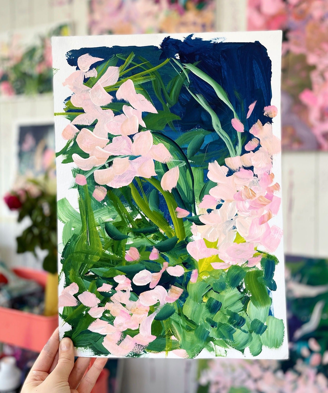 abstract floral painting in art studio