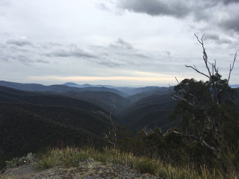 Cloudy day showing the expanse of the Victorian High Country with mountains meeting and a valley running down the middle