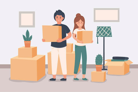 Cartoon image of couple moving house