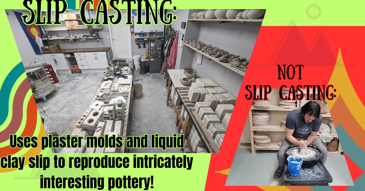 a photo of a slip casting room on the left and a potter at a pottery wheel on the right. this image explains that Mountain Mudworks makes via slip casting, not on a wheel.