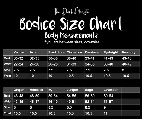 size chart for bodice
