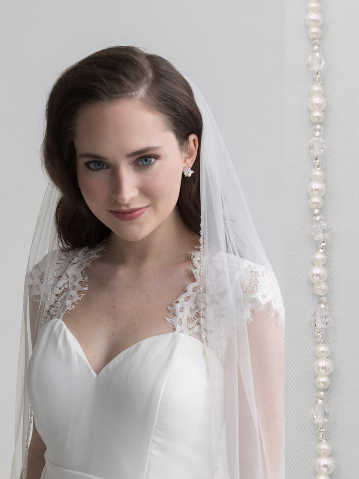 Crystal Beaded 52 Long Scattered Pearl Wedding Veil