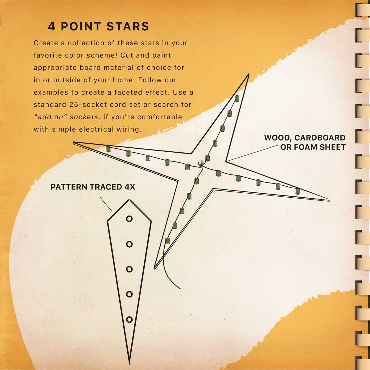 diagram of retro 4-point DIY stars with Christmas lights