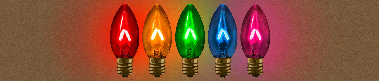 Illuminated Tru-Tone C9 vintage-style light bulbs in a rainbow of colors