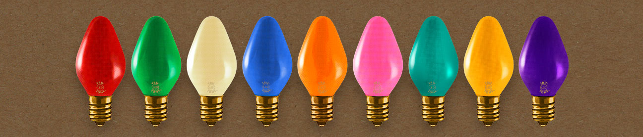 Illuminated Tru-Tone C7 vintage-style light bulbs in a rainbow of colors