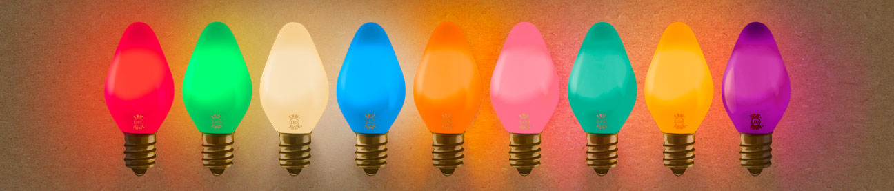 Illuminated Tru-Tone C7 vintage-style light bulbs in a rainbow of colors