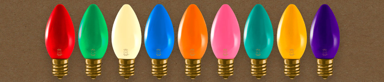 Illuminated Tru-Tone C9 vintage-style light bulbs in a rainbow of colors