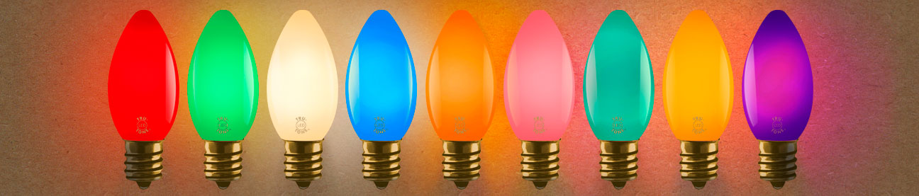 Illuminated Tru-Tone C9 vintage-style light bulbs in a rainbow of colors