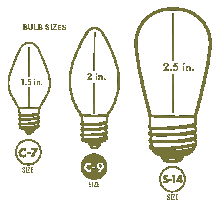 Tru-Tone bulb sizes diagram featuring C7, C9 and S14 light bulbs