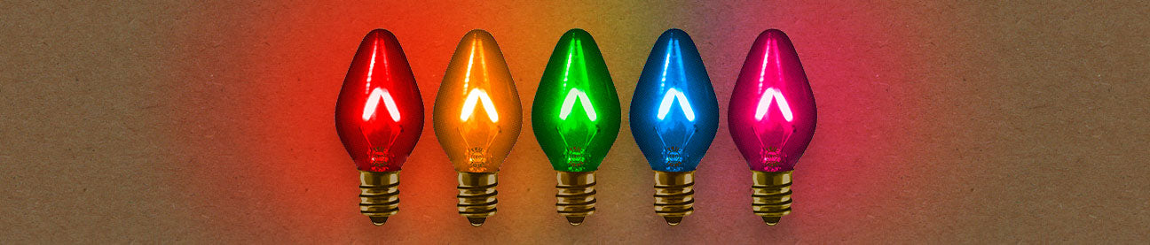 Illuminated Tru-Tone C7 vintage-style light bulbs in a rainbow of colors