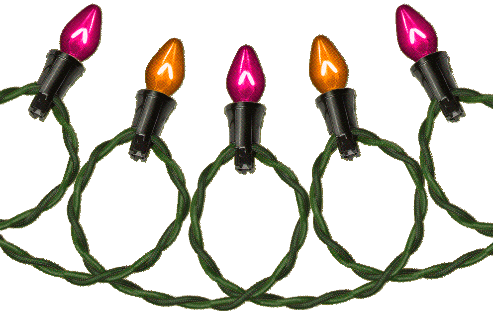 Illuminated Tru-Tone vintage-style Christmas lights and strings in orange and magenta