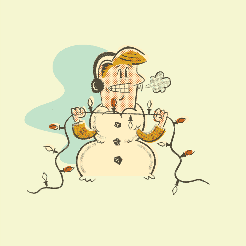 cold cartoon snowman with Christmas lights