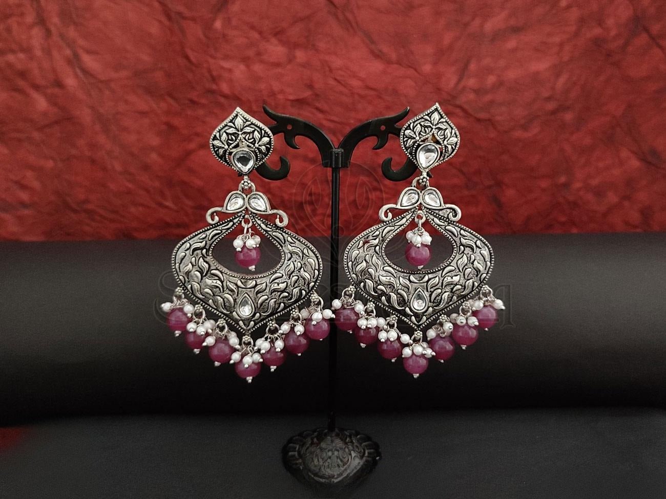 Etnico 18k Silver Oxidised 3 Layered Chandbali Earrings with Kundan an