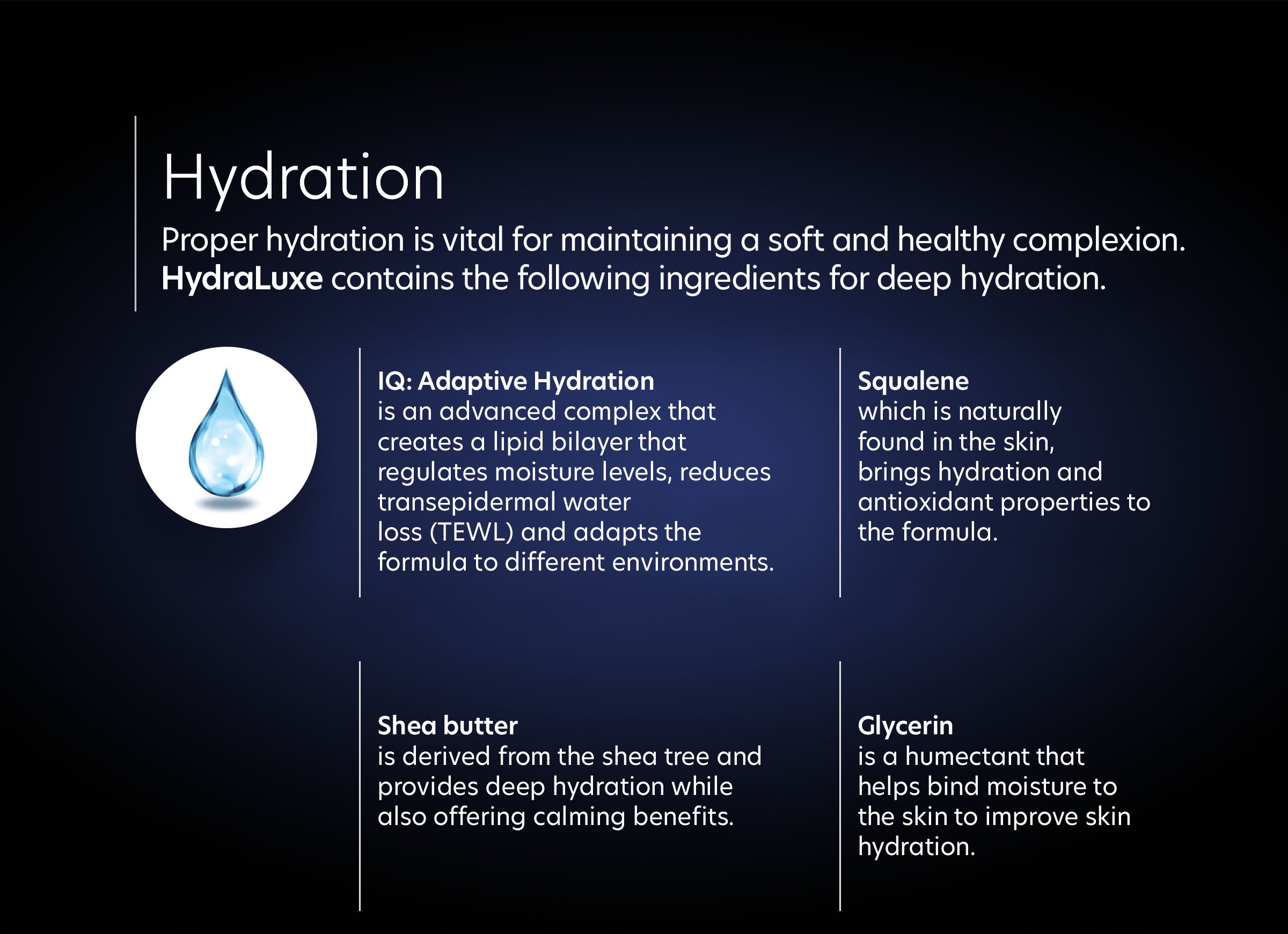 HydraLuxe - Hydration Proper hydration is vital for maintaining a soft and healthy complexion.