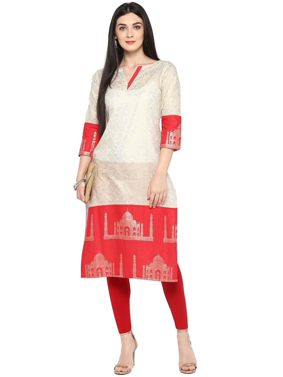 Woven Chantelle Net Anarkali Kurta in Beige : UNJ1417