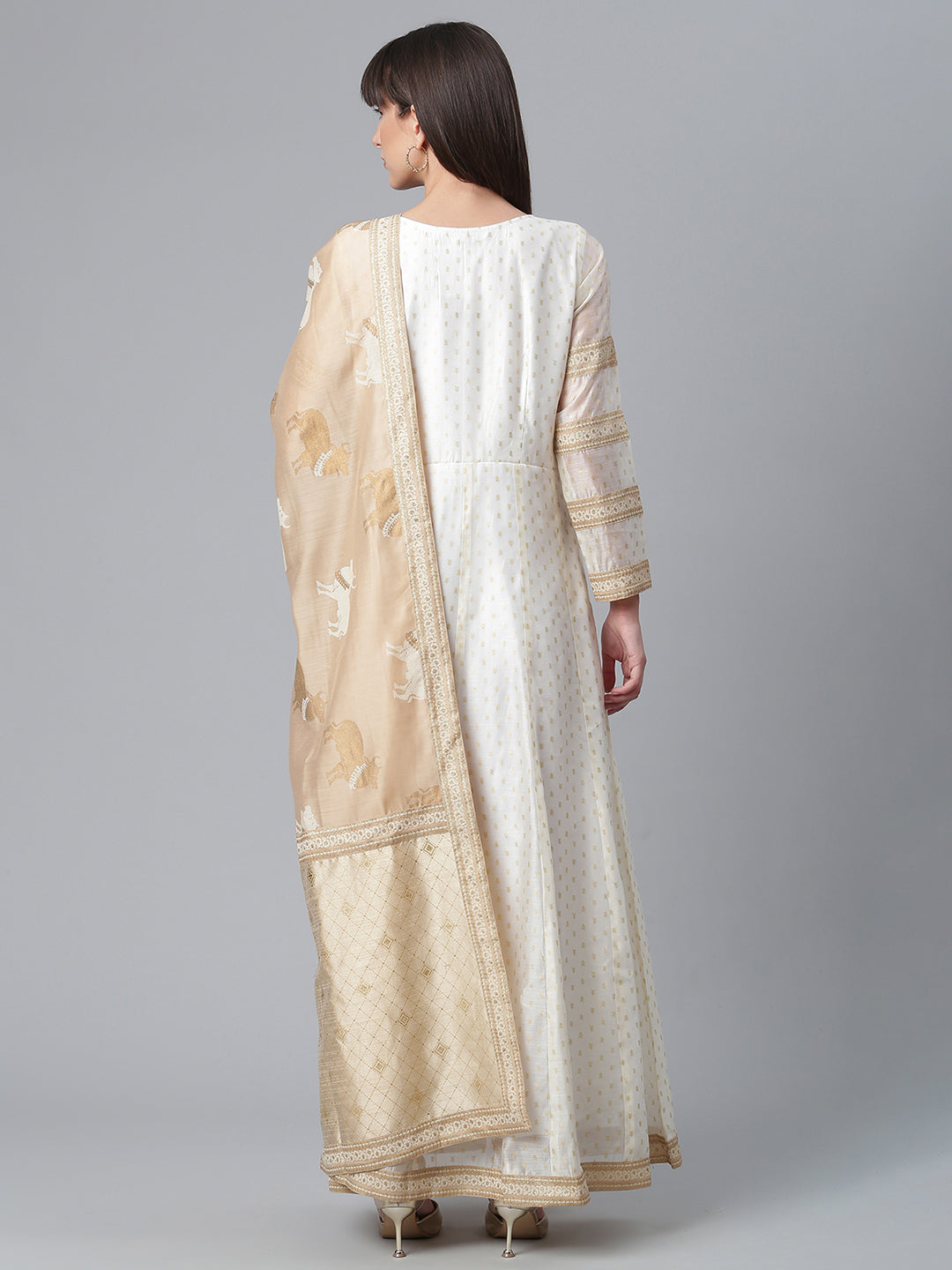 Woven Chantelle Net Anarkali Kurta in Beige : UNJ1417