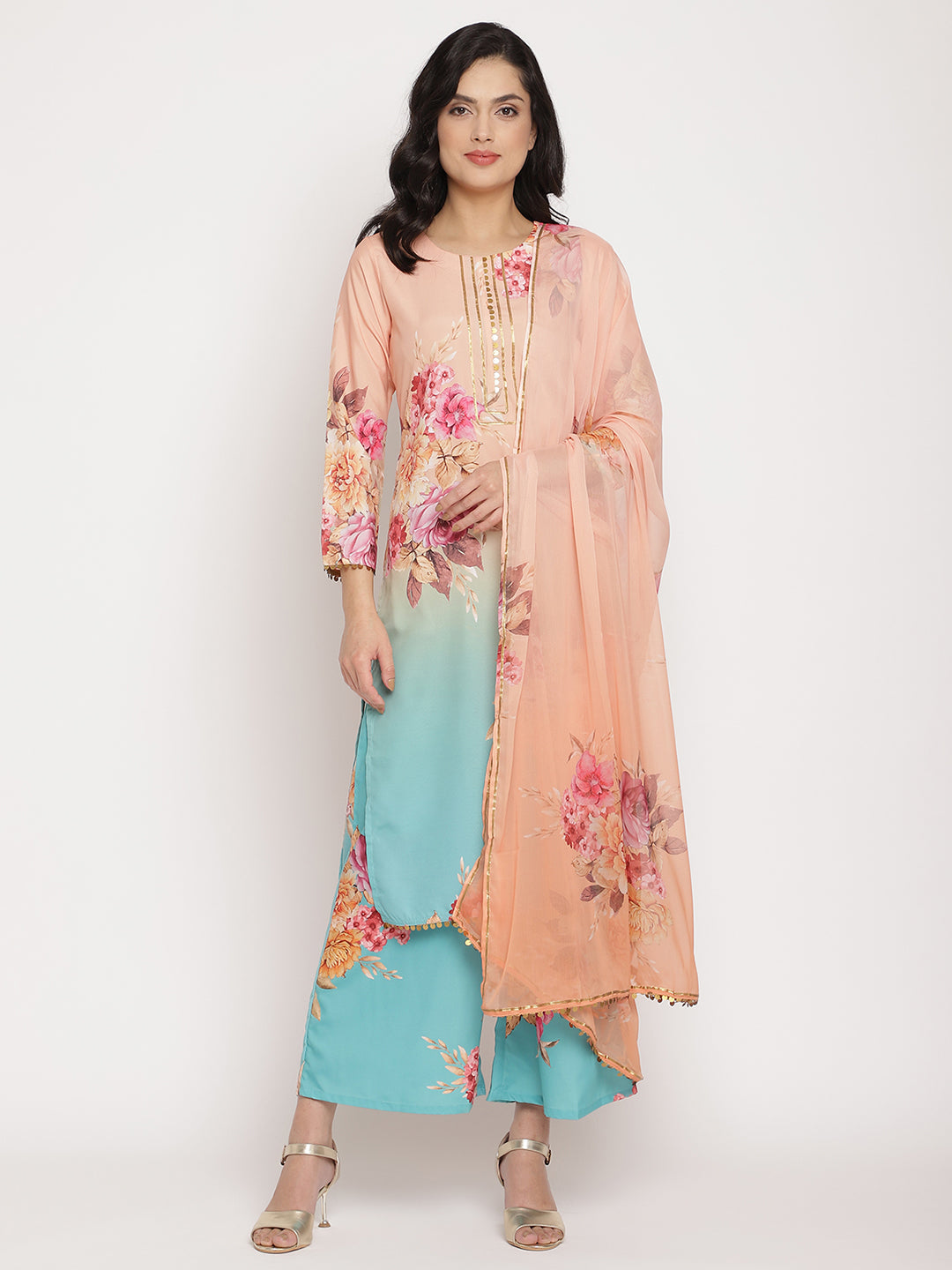 Inddus Women Beige Floral Printed Sequinned Kurta with Palazzos